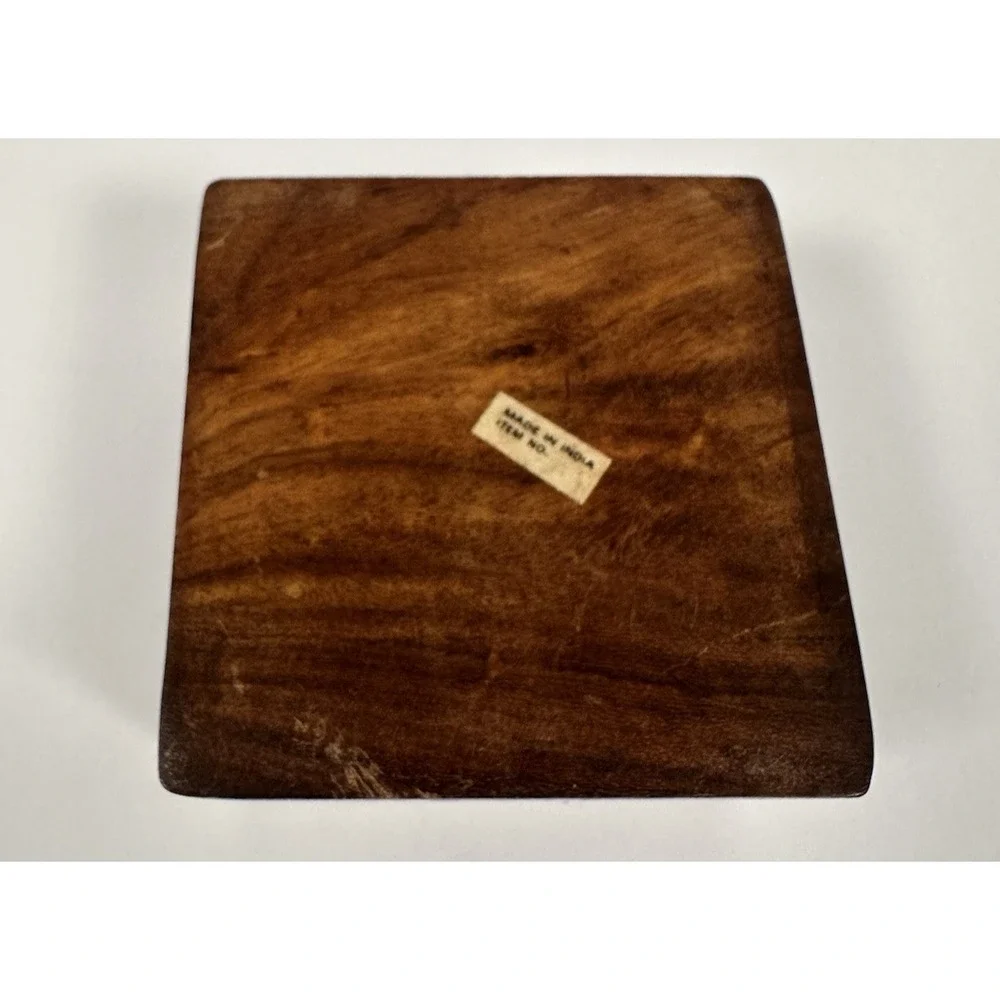 Carved Wood Trinket Jewelry Box Square Inlay Floral Made in India 4